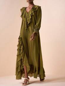 Zivah 2025秋冬季新年、情人节、派对、宴会、约会、生日派对、学院风、学生装、日常出行、百搭基础款、休闲、邮轮旅行、爆款、优雅、通勤、商务休闲、极简主义、性感夜店风、浪漫荷叶边V领双层荷叶边长袖、弹性袖口、高开衩荷叶边、宽松A字裙、橄榄绿透明竖条纹纹理面料、性感长裙、派对礼服、秋冬连衣裙、女装 - 軍綠色 - 查看 3