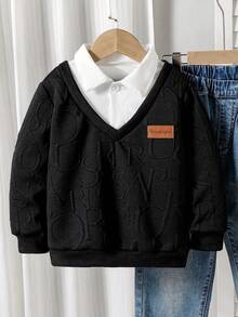Young Boy Black Letter Textured Fleece & White Woven Fabric Splice,2 In 1 Sweatshirt,Korean Fashion,Autumn,Career Day,Back-To-School,Leather Patch - Black - View 3
