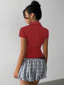 Aloruh 女士红色条纹优雅翻领短袖收腰衬衫，通勤、日常穿着皆宜，春夏皆宜 - 紅色 - 查看 3