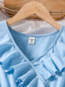 SHEIN Tween Girl V-Neck Ruffle Waist Tie Decor Fashion Party & Holiday Dress - Baby Blue - View 3