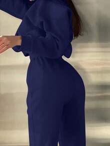 SHEIN BamGlam 巴黎简约数码印花正面休闲舒适百搭街头女式羊毛运动衫和裤子套装 - 藏蓝色 - 查看 5