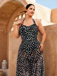 Swim Oasis Completo da donna taglie forti, stampa a pois casuale bianco e nero, moda vacanza e casual, gonna lunga in rete con stampa a pois abbinata a bikini, outfit di alta qualità - nero - Visualizzare 5
