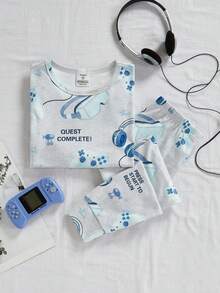 2pcs/Set Tween Boys' Video Game Print Casual Comfortable Ribbed Snug Fit Long Loungewear Set - Grey - View 3