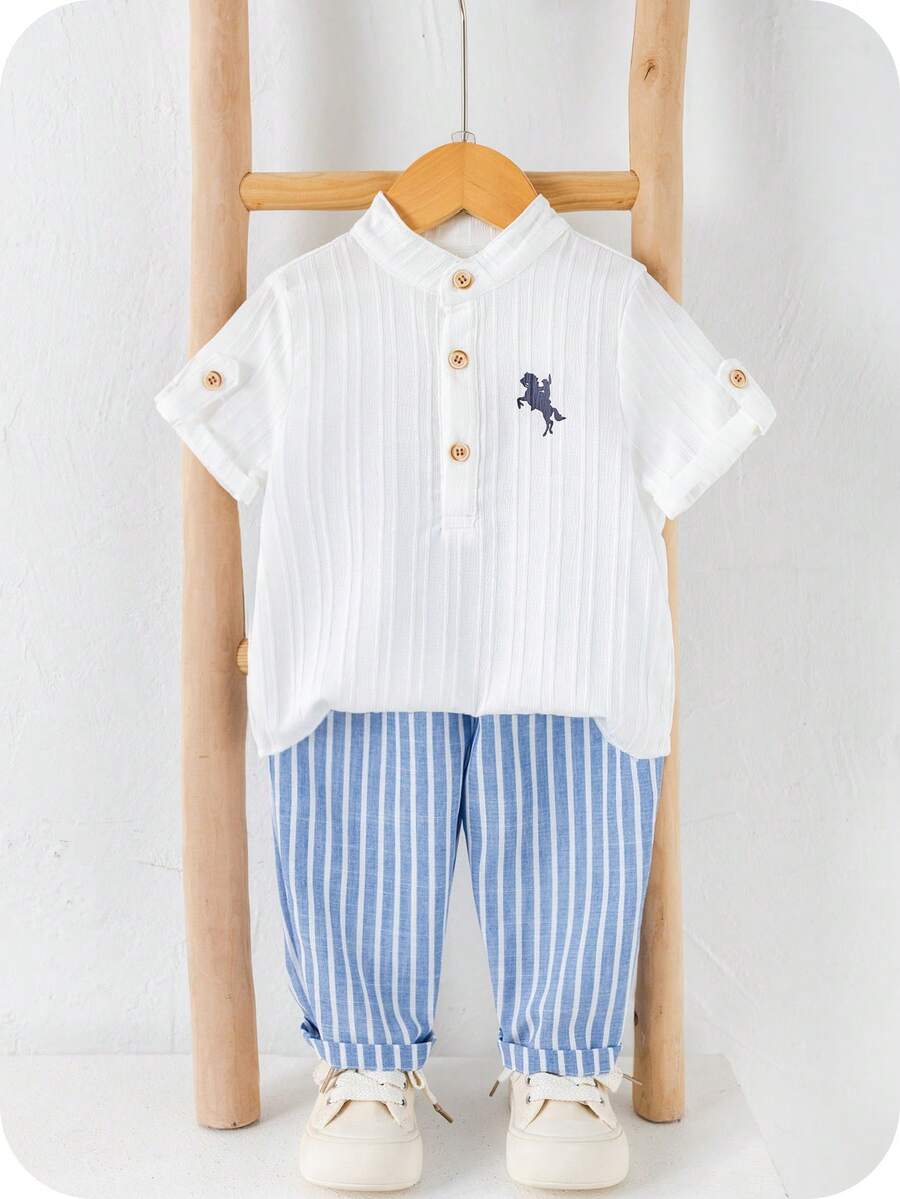 SHEIN 2pcs Baby Boy/Girl Blue White Stripe Summer Cute Family Matching Mandarin Collar White Shirt And Pants Set,Christening Outfit For Birthday Party - Multicolor - View 1