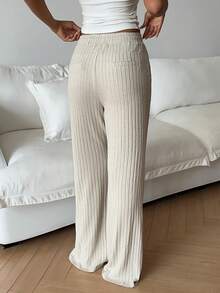 FavEase 女士纹理针织喇叭裤，带口袋和松紧腰带 - 杏色 - 查看 2