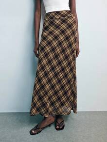Maija Women's Fashion Plaid Skirt, Suitable For Commuting Brown Plaid Skirt Long Skirt Plaid Skirt Women Long Brown Skirt Checkered Skirt - Multicolor - View 6