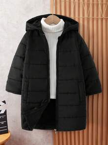 SHEIN Young Boy Casual Hooded Long Cotton Padded Jacket, Winter Fall