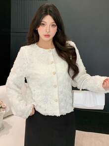 DAZY Women's Elegant Plain Textured Round Neck Blouse, Autumn/Winter - White - View 9