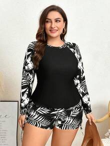 Swim Lushoire 大码热带植物印花优雅运动度假宽松连体泳衣，夏季海滩度假