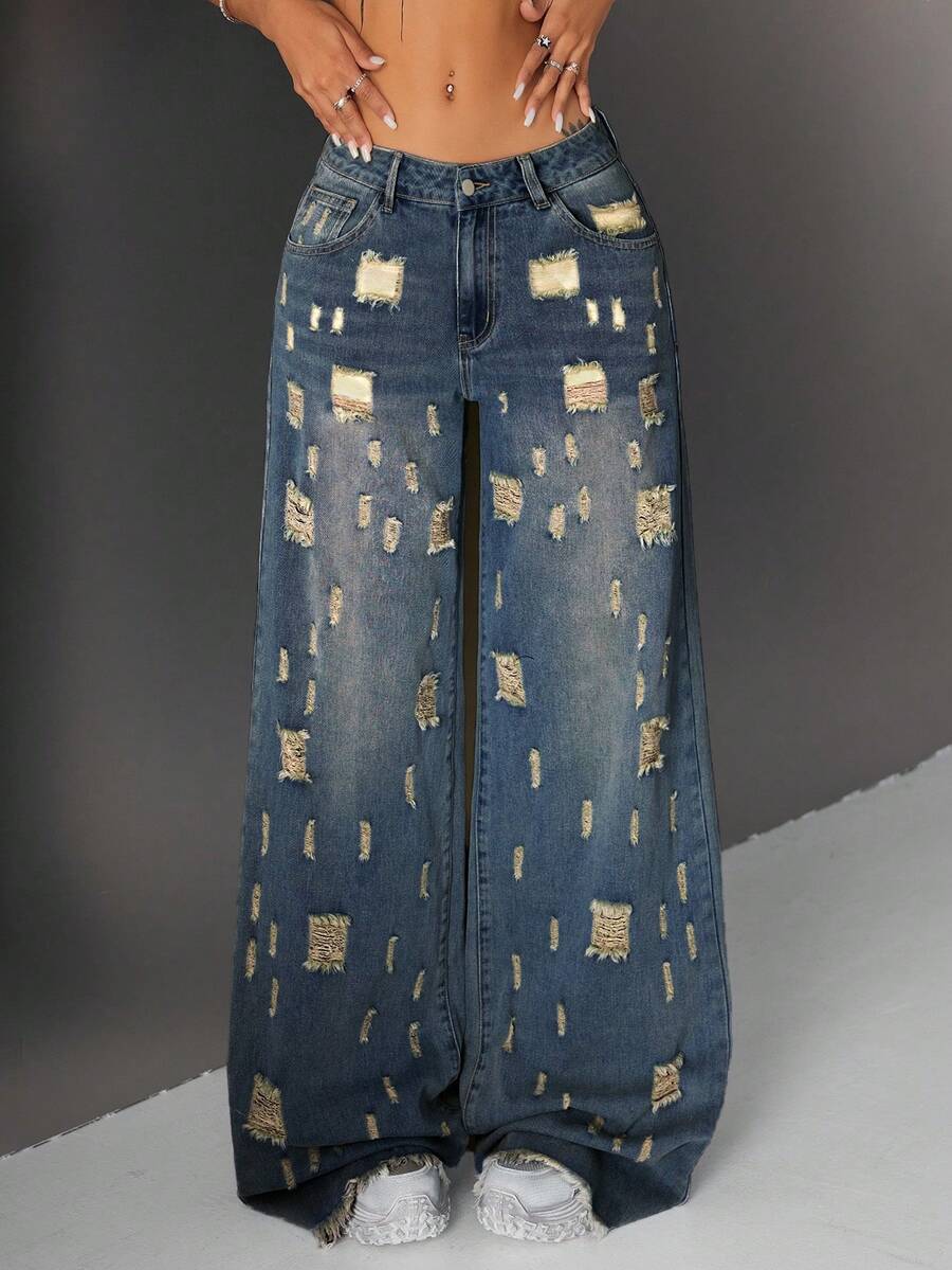 Jeanoix Quần jeans nữ ống rộng, có túi và cúc, kiểu dáng thoải mái, đa năng, thích hợp cho việc đi làm đường phố. - Màu xanh lam - Xem 1