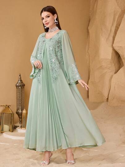 SHEIN Najma 优雅珍珠刺绣拼接前褶裥女士长袖连衣裙