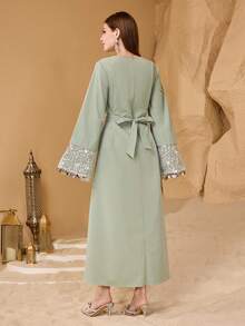 Al Najma Women's New Fashionable Elegant Luxurious Sequin Mesh Sleeve Sequin Ribbon Splice Lace Collar Embroidered Waistband Slimming Long Arabic Dress - Green - View 2