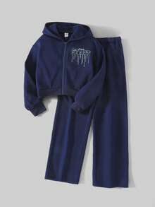 Ontre 2件套Tween Girl字母图案连帽衫和运动裤套装 - 藍色 - 查看 1