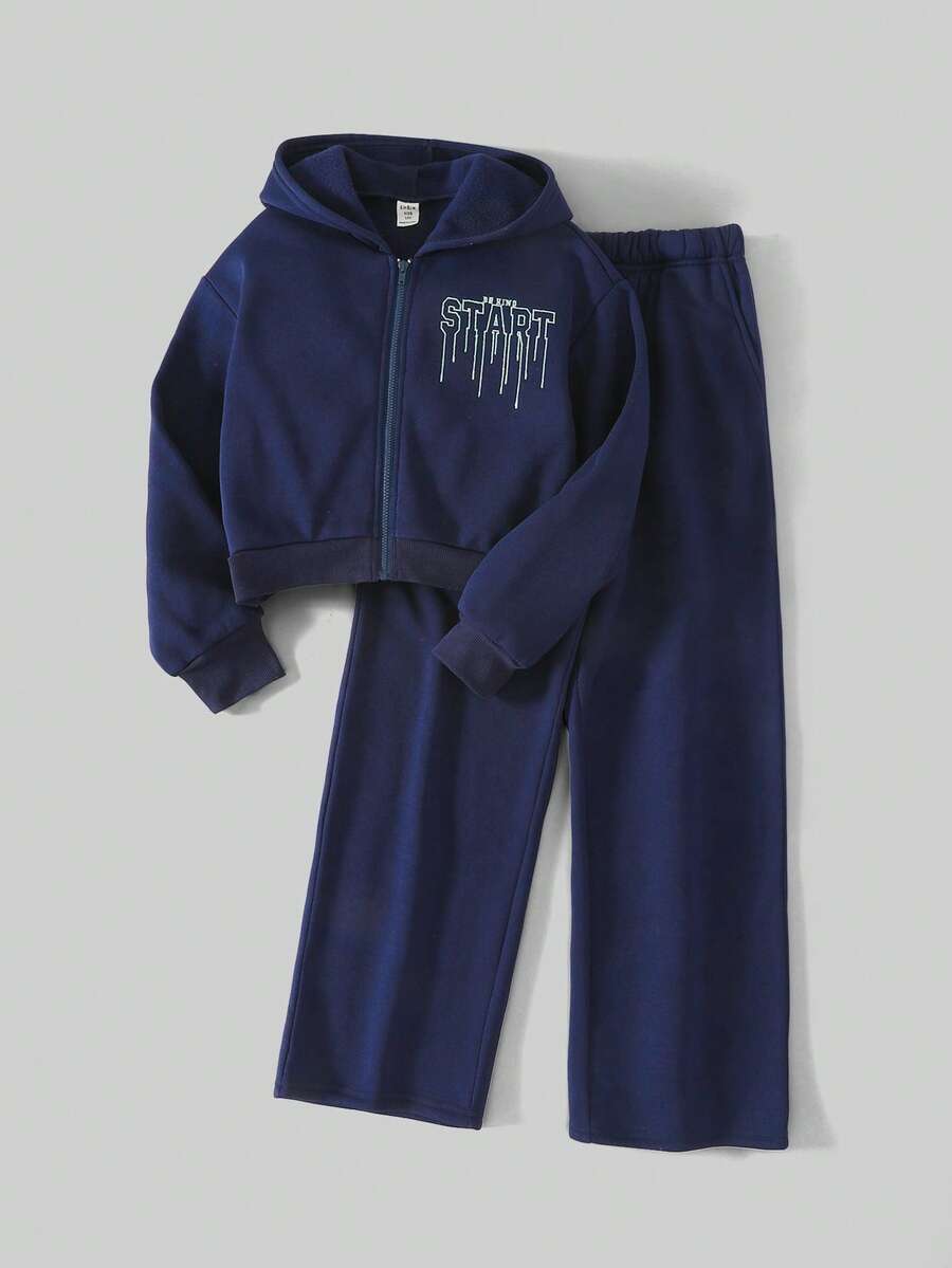 Ontre 2件套Tween Girl字母图案连帽衫和运动裤套装 - 藍色 - 查看 1