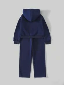 Ontre 2件套Tween Girl字母图案连帽衫和运动裤套装 - 藍色 - 查看 2