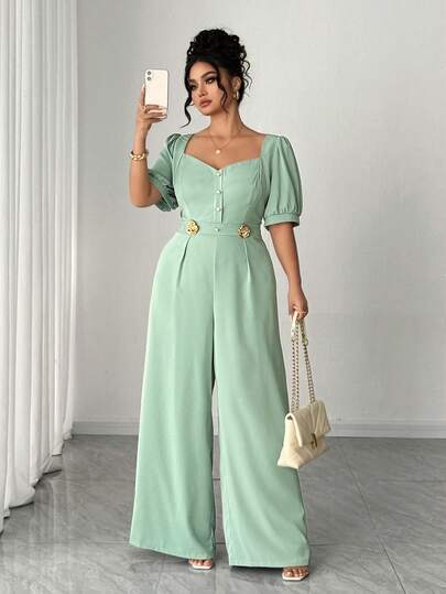 Elenzga Plus Size Elegant Commuter Square Neck Short Sleeve Metal Button Decor Wide Leg Jumpsuit, Suitable For Spring/Summer, Back To School, Vacation, Graduation, Holidays, Valentine's Day, Christmas, Music Festivals, Mother's Day, Halloween, Thanksgiving, Easter, National Day, Galas, Dates, Parties, Weddings, Outdoor Activities