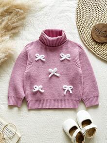 Playful Pals 女婴高领长袖简约时尚休闲毛衣，适合寒冷天气户外玩耍和日常穿着，秋冬季 - 粉色 - 查看 3