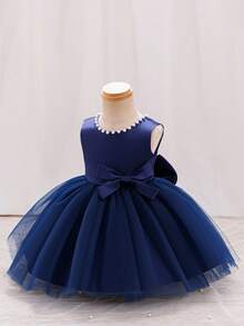 SHEIN Glamorique Kids Váy công chúa Giáng sinh cho bé gái, Váy dạ hội khiêu vũ, Váy hoa dự tiệc & cưới, Chân váy bồng bềnh bằng vải tuyn màu hồng, Váy dạ hội công chúa nơ lớn đính hạt màu trắng ở lưng chữ V, Váy dạ hội màu tím cho bé - Màu xanh hải quân - Xem 3
