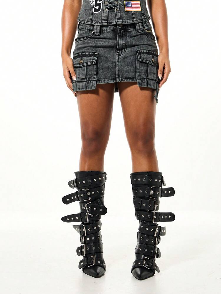 SUMWON WOMEN Denim Cargo Mini Skirt With Badge Details
