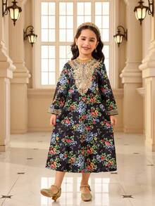 SHEIN Girls' Black Ditsy Floral Long Sleeve Dress With Gold Lace Trim,Traditional Wedding Autumn Fashionable Piece For Outings,Performances And Gatherings - Black - View 3