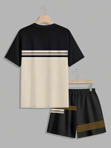 Manfinity Homme 男士洛杉矶印花圆领短袖T恤和抽绳短裤两件套，休闲户外简约男士两件套休闲短裤套装，男士两件套服装，男士服装，男士礼物，男士服装 - 彩色 - 查看 3