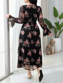 Modelyn Women's Floral Print Square Neck Flare Sleeve Single-Breasted Elegant Ruffle Hem Dress - Black - View 6