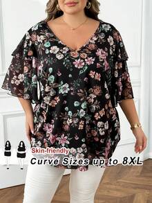 SHEIN CURVE+ Áo cánh rộng tay bèo cổ chữ V cỡ lớn cho nữ, áo nghỉ mát mùa xuân/hè/2026/năm mới - Nhiều màu - Xem 7