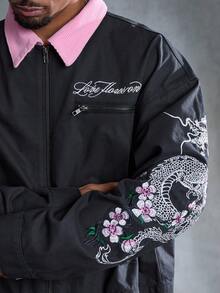 ROMWE MEN Street Life Men's Floral Embroidery Pattern Turndown Collar Zip Front Long Sleeve Denim Jacket - Black - View 2