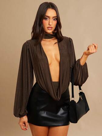 Silquee Body de manga larga con cuello drapeado, espalda descubierta, sexy y versátil para vacaciones y fiestas