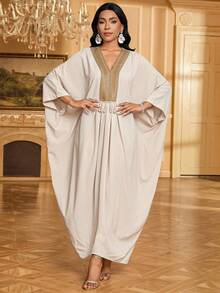 SHEIN Lady Women's V-Neck Batwing Sleeve Loose Casual Mid-Length Patchwork Tassel Design Dress Abayas Dubai Luxury Caftan Dress Kaftans For Women - Khaki - View 8