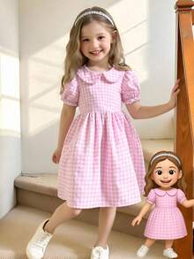 Elladie kids 少女格子短袖夏季休闲连衣裙 - 粉色 - 查看 1