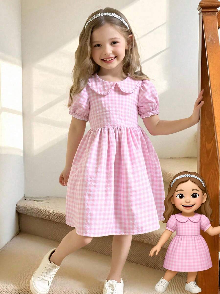 Elladie kids 少女格子短袖夏季休闲连衣裙 - 粉色 - 查看 1