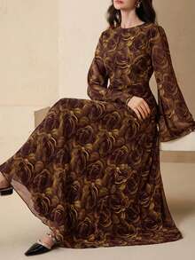 Graceveil 优雅印花雪纺连衣裙，圆领系腰设计，女士款 - 咖啡 - 查看 1