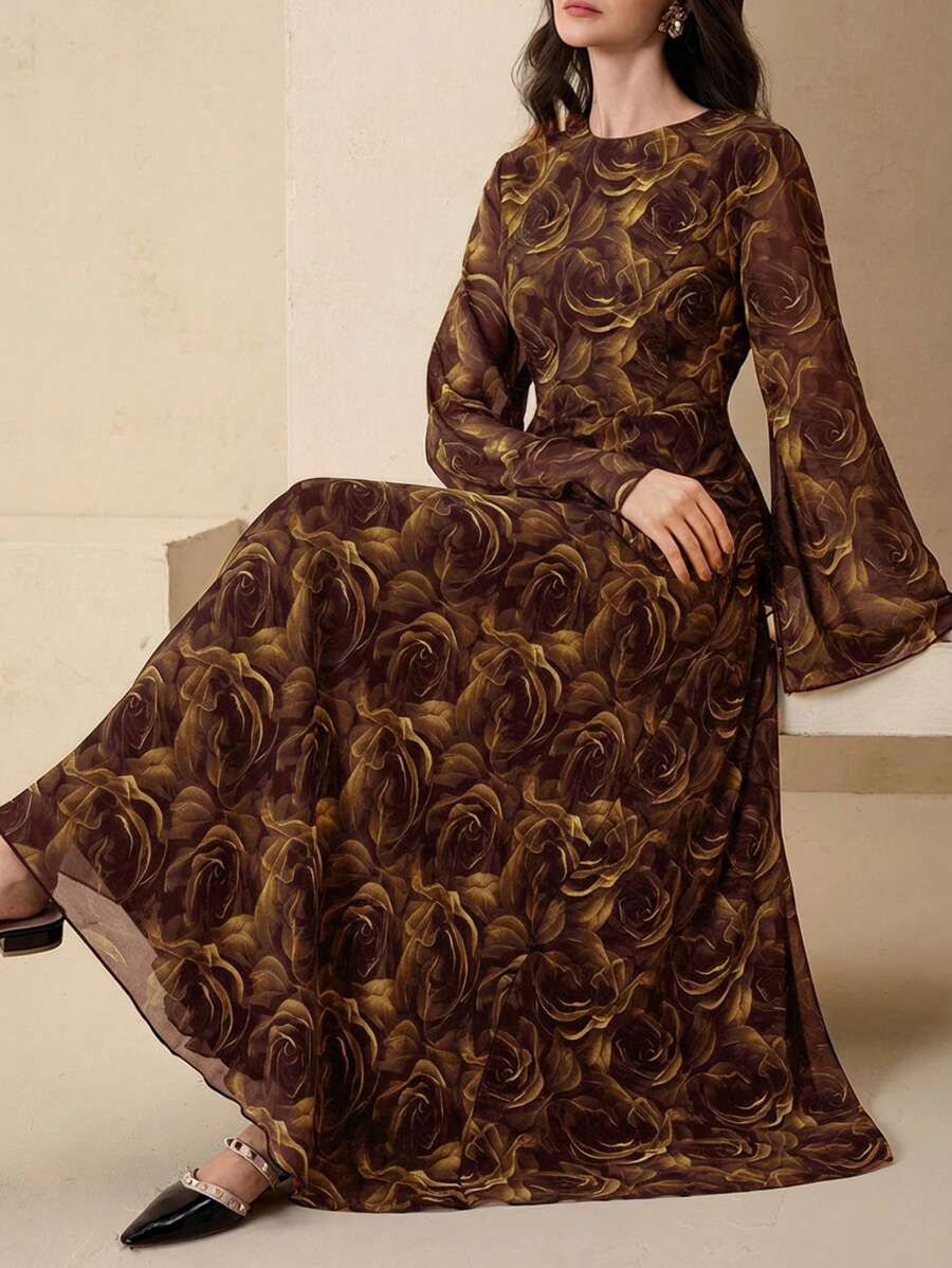 Graceveil 优雅印花雪纺连衣裙，圆领系腰设计，女士款 - 咖啡 - 查看 1