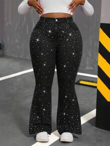 Slaydiva Quần jean cỡ lớn, quần jean cạp cao, quần jean ống loe bó, quần jean ống loe denim đính đá, quần jean xanh hoàng gia, thời trang đường phố, trang phục hẹn hò, trang phục dự tiệc và lễ hội âm nhạc, Y2K - màu đen - Xem 3