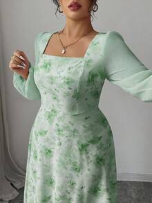 Modelyn Women's Floral Print Patchwork Square Neck Long Sleeve Elegant Date Dress Pastel Green Dress Mint Green Dress Women - Green - View 7