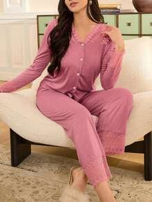 Moireta Elegant Lace Patchwork V-Neck Open Front Cotton Women Pajama Set, Suitable For Valentine's Day - Dusty Pink - View 1