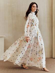 Anewsta Đầm maxi chấm bi hoa văn chấm bi, cổ chữ V, xếp ly, thắt eo, phong cách Pháp lãng mạn, thanh lịch, thích hợp cho kỳ nghỉ lễ, tiệc tùng hoặc các dịp đặc biệt. - Màu be - Xem 5