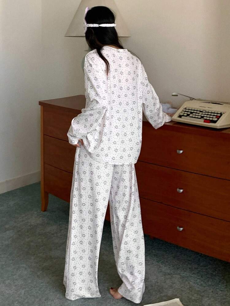Polka Dot Bear & Floral Pattern Loose Women Pajama Set
