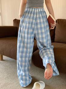 DAZY Women's Elastic Waist Pocket Plaid Casual Pants, Suitable For Daily Wear And Home - Blue - View 2