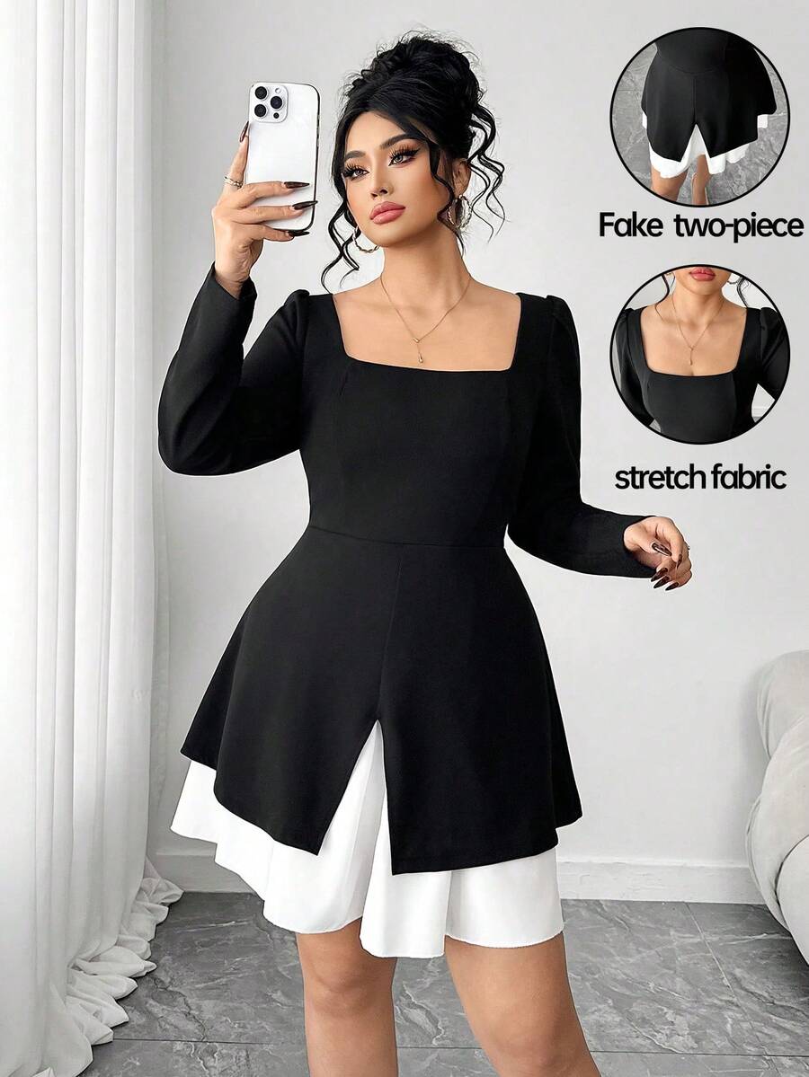 Elenzga Váy ngắn tay dài họa tiết khối màu thanh lịch dành cho nữ cỡ lớn - màu đen - Xem 1