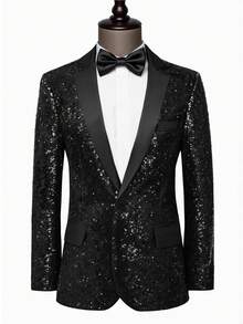 Manfinity AFTRDRK 男士时尚派对亮片斑驳翻领西装外套 - 黑色 - 查看 3