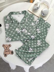 两件套青少年男童POLO领开襟睡衣套装，柔软针织面料，经典泰迪熊卡通图案，是送给孩子的绝佳礼物，适合春、夏、秋、冬四季穿着。 - 綠色 - 查看 3