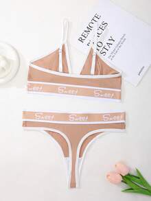 SHEIN 2 件套撞色拼布字母印花休闲内衣套装 - 摩卡棕 - 查看 2