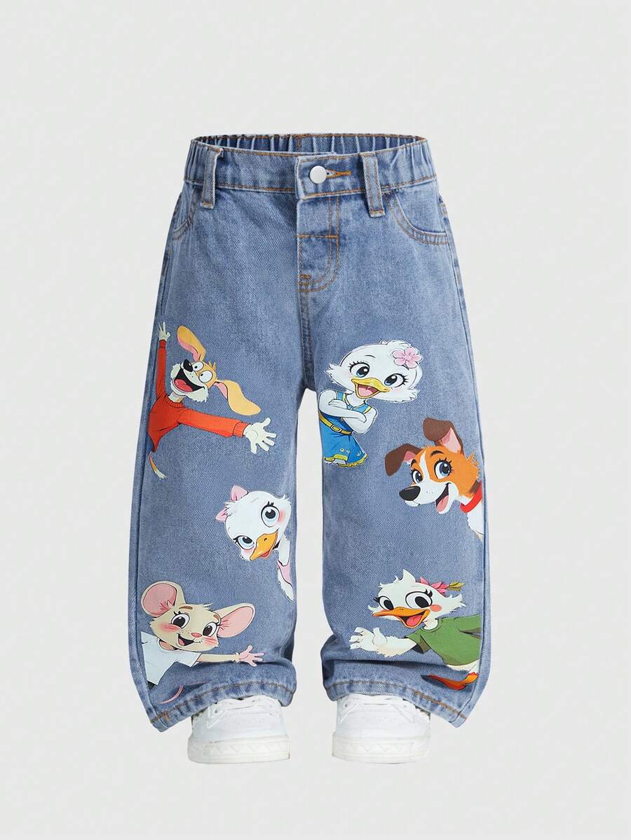 SHEIN Playful Pals Quần jean ống đứng dáng rộng màu xanh nhạt họa tiết động vật dễ thương dành cho bé gái mới biết đi, phù hợp mặc hàng ngày và mùa tựu trường - Rửa trung bình - Xem 1