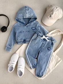 SHEIN Playful Pals Baby Girl Y2K Washed Blue Denim Hoodie Top And Jeans Pants Set, Fashionable Streetwear Casual Outfit For Outdoor, Party, Daily Wear - Medium Wash - View 1