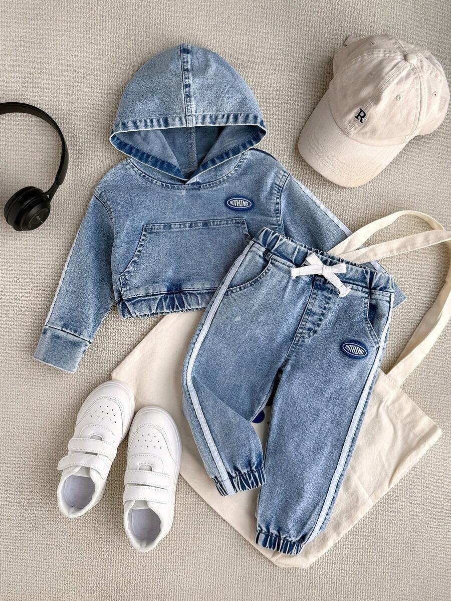 SHEIN Playful Pals Baby Girl Y2K Washed Blue Denim Hoodie Top And Jeans Pants Set, Fashionable Streetwear Casual Outfit For Outdoor, Party, Daily Wear - Medium Wash - View 1