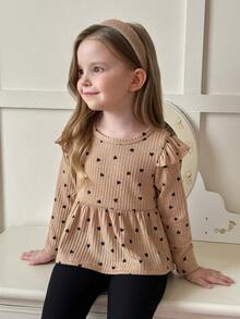 Elladie kids 2pcs/Set Young Girl Heart Print Long Sleeve Top With Ruffle Trim And Leggings, Spring Autumn - Khaki - View 3