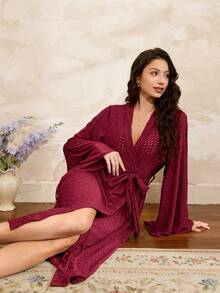 Côtesoire Knitted Elastic Jacquard Floral Mesh Patchwork Romantic Elegant Ladies Robe - Burgundy - View 6