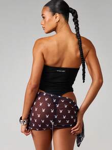 Missguided x Playboy 兔耳网纱罩衫沙滩泳装泳池派对夏季度假透视黑色系带腰部沙滩装 - 黑色 - 查看 2